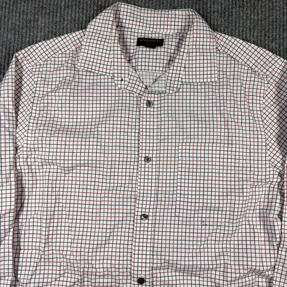 Banana Republic Mens XL Slim Fit Button Down Shirt‎ White Red Blue Check Plaid